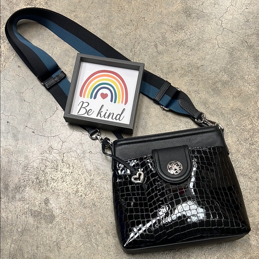 Brighton Black Croc Patent Crossbody with Navy & Black Strap